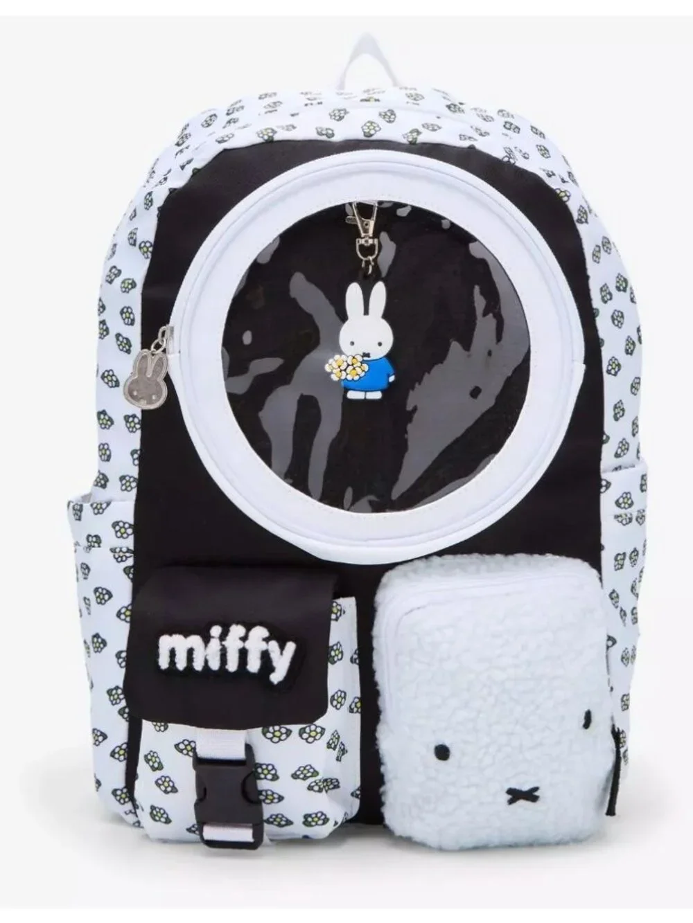 Miffy Floral Print Backpack With Transparent Pocket & Plush Accent